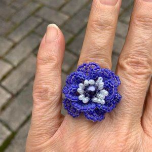 🌷3 for$20🌷Handmade, Glass Seed Bead Purple Flower Ring, Fits up to Ring 8